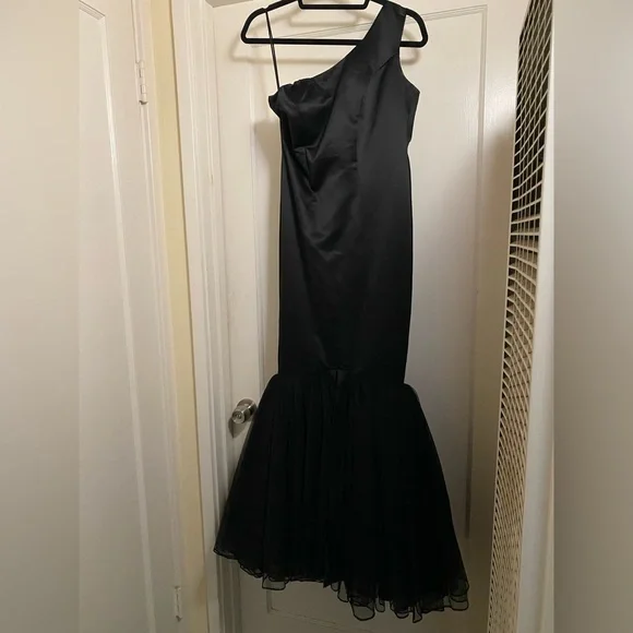 Vintage y2k Black Satin Mermaid Fishtail Evening Gown Prom Dress barbiecore noir - Picture 13 of 17